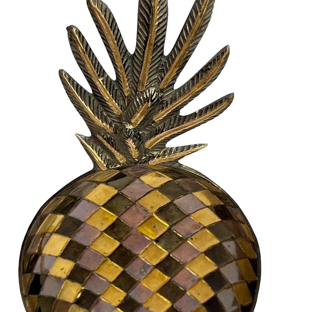 Pineapple Tray Solid Tri Colored Brass Bowl Dish Diamond Checkered Vtg MCM India